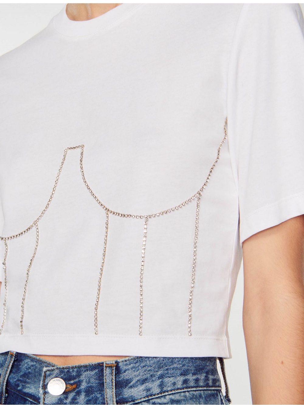 SANDRO White Crop Tee with Gold Chain Embellishment